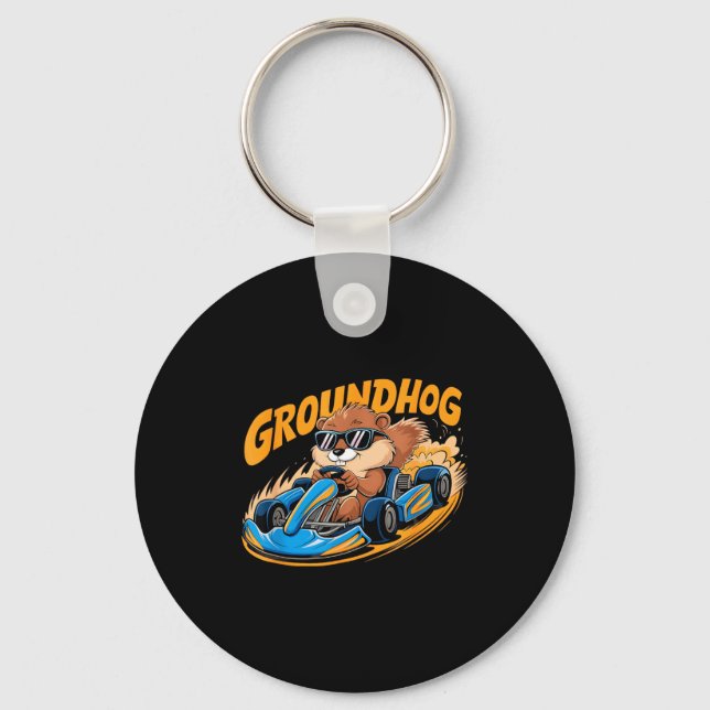 Rolig Groundhog Go-kart Racing Glad Groundhog Day Nyckelring (Framsida)
