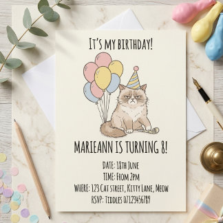 Rolig Grumpy Cat Pastell Ballonger Födelsedagsfest Inbjudningar