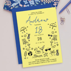 Rolig gul blå strandfest sommar klotter doodle inbjudningar