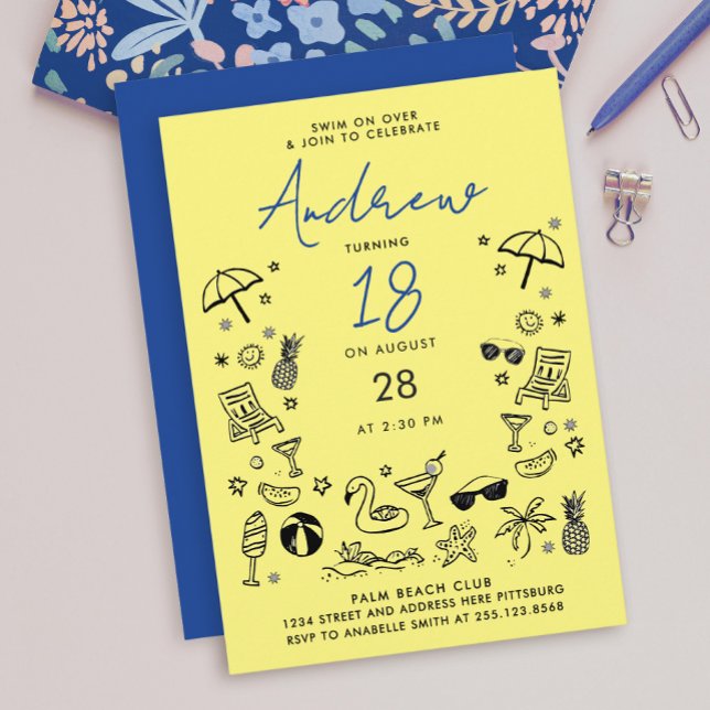 Rolig gul blå strandfest sommar klotter doodle inbjudningar (Skapare uppladdad)