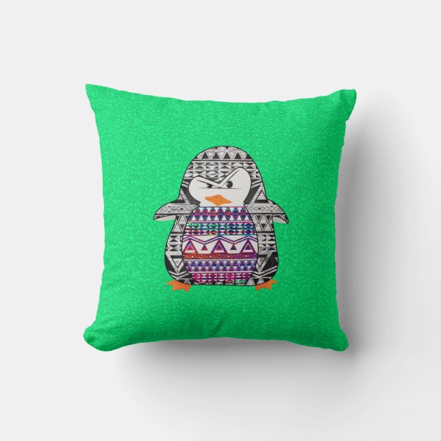 Rolig gullig Aztec pingvin på grön bakgrund Kudde (Framsida)