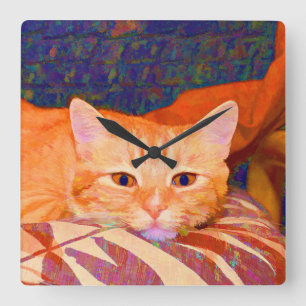 Rolig gullig orange tabby katt fyrkantig klocka