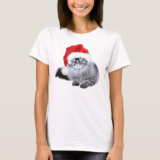 Rolig gullig Santa katt i exponeringsglasjul T Shirt (Framsida)