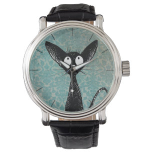 Rolig gullig svart kattkonst på blåttdamast armbandsur
