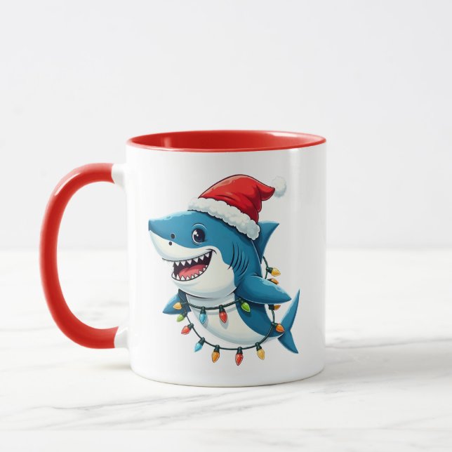Rolig haj som bär tomte julhatt  mugg (Vänster)