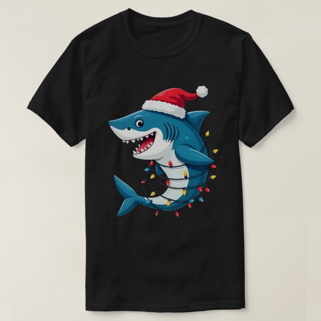 Rolig haj som bär tomte julhatt  t shirt (Design framsida)
