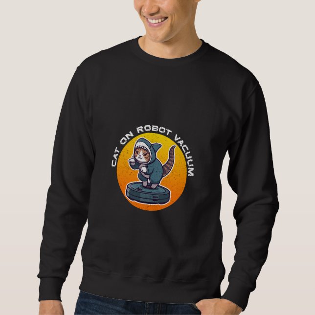 Rolig hajkat på robotdammsugare retro-meme-konst lång ärmad tröja (Framsida)