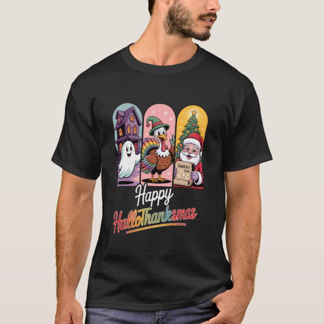 Rolig HalloTackMas Spök Kalkon Tomte Design T Shirt (Framsida)