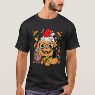 Rolig HalloThanksmas Pumpa Turkiet Svart Katt med T Shirt