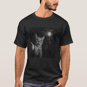 Rolig Halloween Förvånad Rädd Katt Selfie Spöklik T Shirt