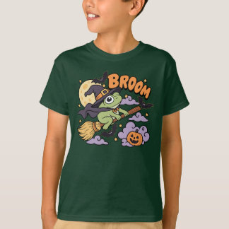 Rolig Halloween Groda Häxa Kvast Pumpa Fladdermus T Shirt