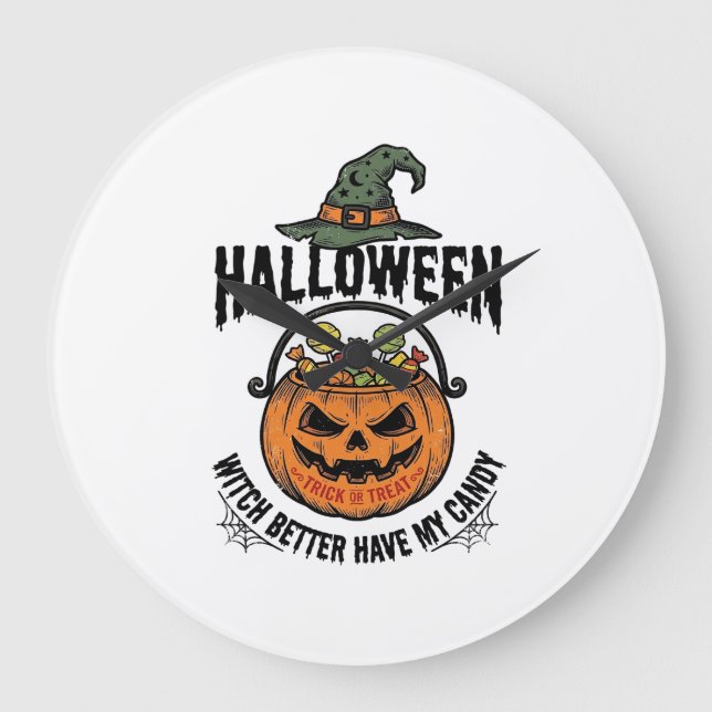 Rolig Halloween-Häxa Godis Pumpa Tröja Design_1 Stor Klocka (Framsida)