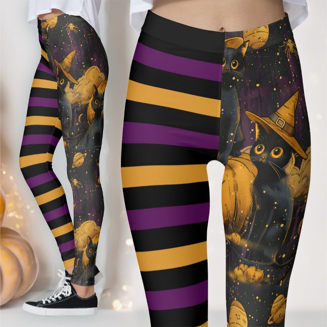 Rolig Halloween Häxa Katt Lila Randig Pumpa Leggings (Skapare uppladdad)