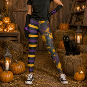 Rolig Halloween Häxa Katt Lila Randig Pumpa Leggings