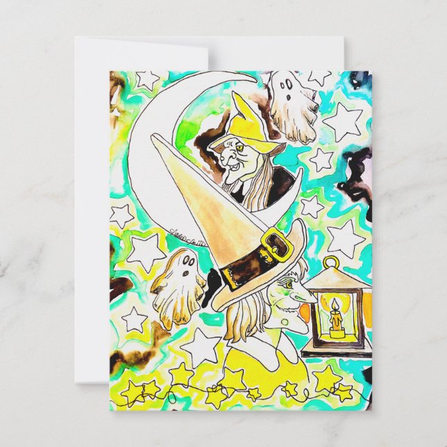 Rolig Halloween-häxa konsttryck Julkort (Framsida)