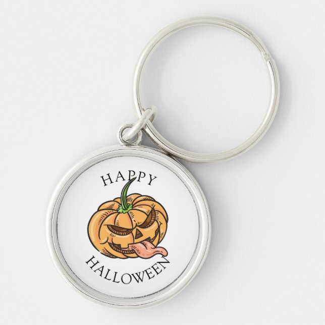 Rolig Halloween Jack O Lantern Pumpa Rund Silverfärgad Nyckelring (Framsidan)
