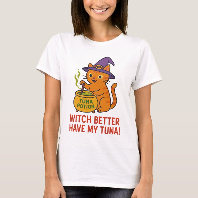 Rolig Halloween Katt Häxa T-Shirt  (Framsida)