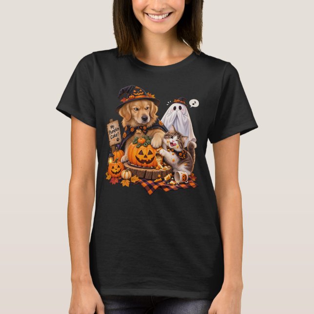 Rolig Halloween Katt Hund Pumpa Paj Ghost T Shirt (Framsida)