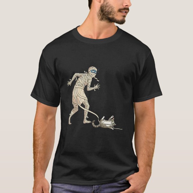 Rolig Halloween Katt och Mumie T Shirt (Framsida)