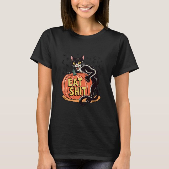 Rolig Halloween-katt och pumpa T Shirt (Framsida)
