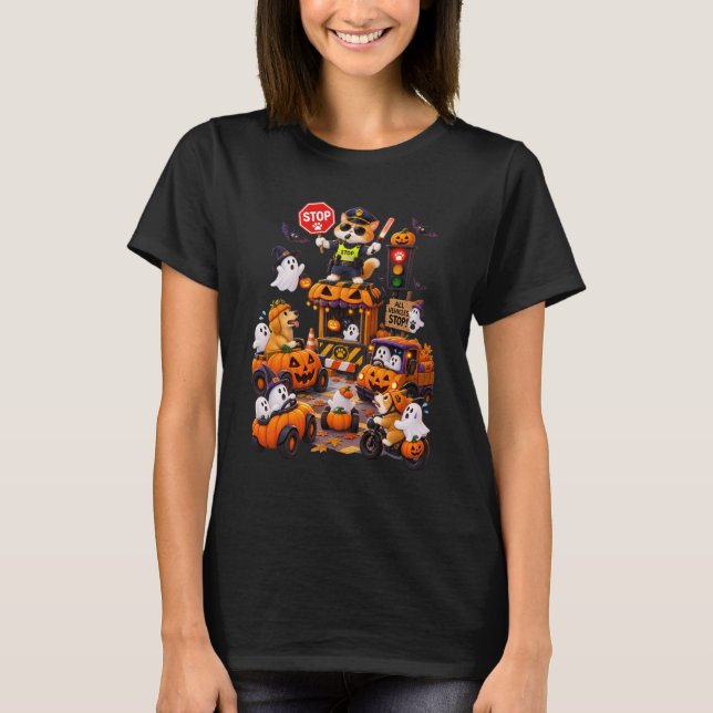 Rolig Halloween Katt Trafikkopparad för Pumpa T Shirt (Framsida)