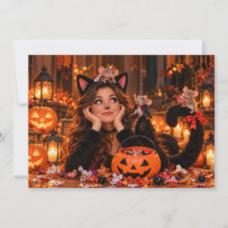 Rolig Halloween-kostym för katt och mus-kort Julkort