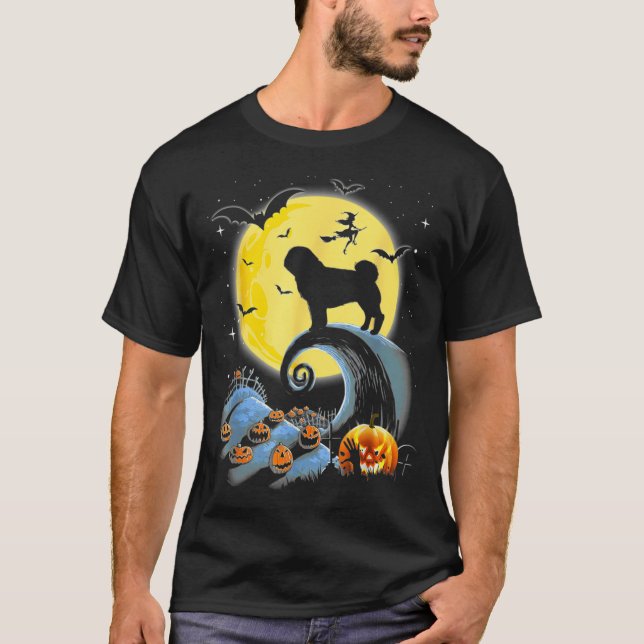 Rolig Halloween med Pug Hund och Måne  T Shirt (Framsida)