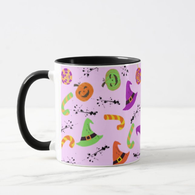 Rolig Halloween-mugg med lila bakgrund och mönster Mugg (Vänster)