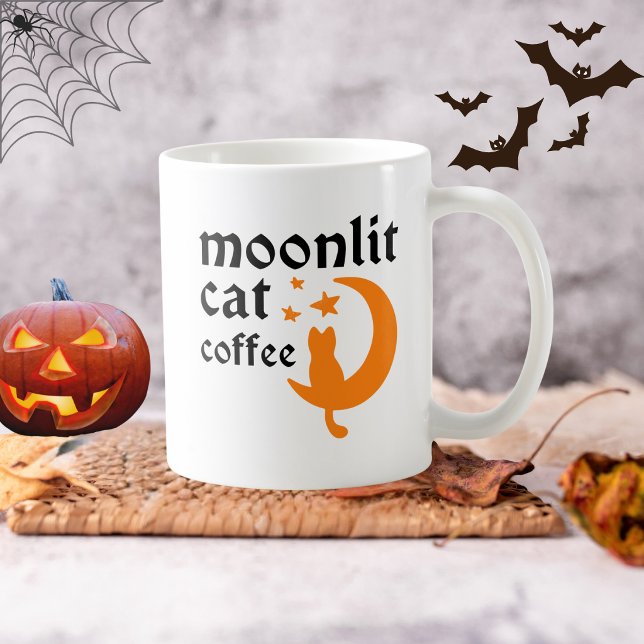 Rolig Halloween Orange Måne Med Katt  Kaffemugg (Skapare uppladdad)