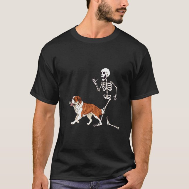 Rolig Halloween Saint Bernard och Skelett T Shirt (Framsida)