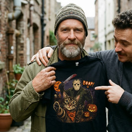 Rolig Halloween Selfie Katt & Jason Voorhees T Shirt