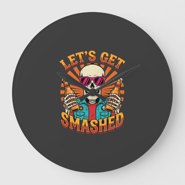 Rolig Halloween Skelett Öl Smashed Design_1 Stor Klocka (Framsida)
