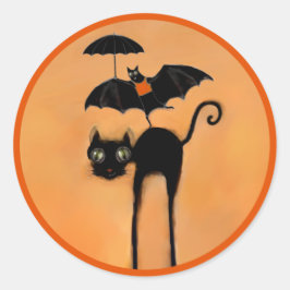 Rolig Halloween svart katt och fladdermus Runt Klistermärke