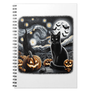 Rolig Halloween Svart Katt Stjärnkväll Van Gogh Ca Anteckningsbok