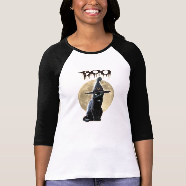 Rolig Halloween t-skjorta med den svart katten och T Shirt (Framsida)