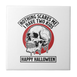 Rolig Halloween Två Barn Dödskalle Tröja Design_1 Kakelplatta