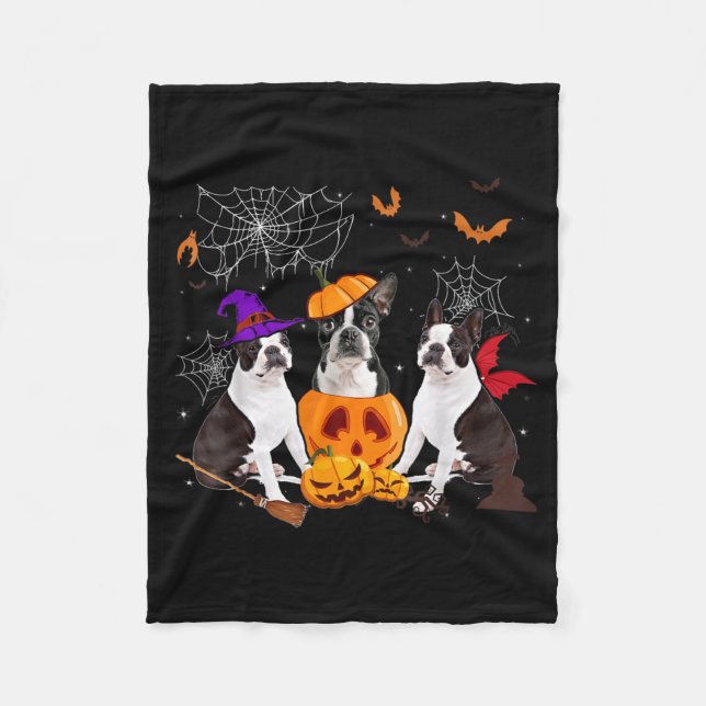 Rolig Halloweenpumpa Häxa Boston Terrier Hund Hall Fleecefilt (Framsidan)