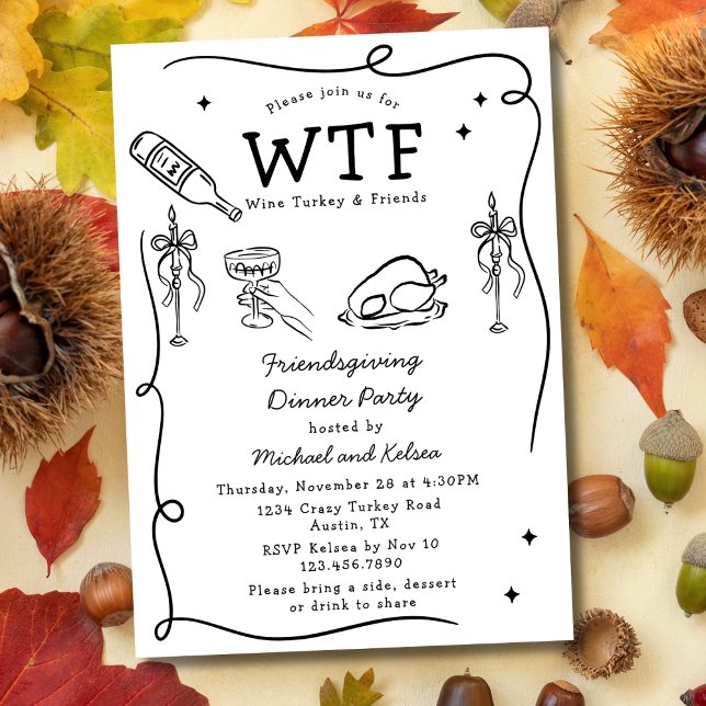 Rolig handritad Friendsgiving WTF middagspartaj Inbjudningar (Skapare uppladdad)