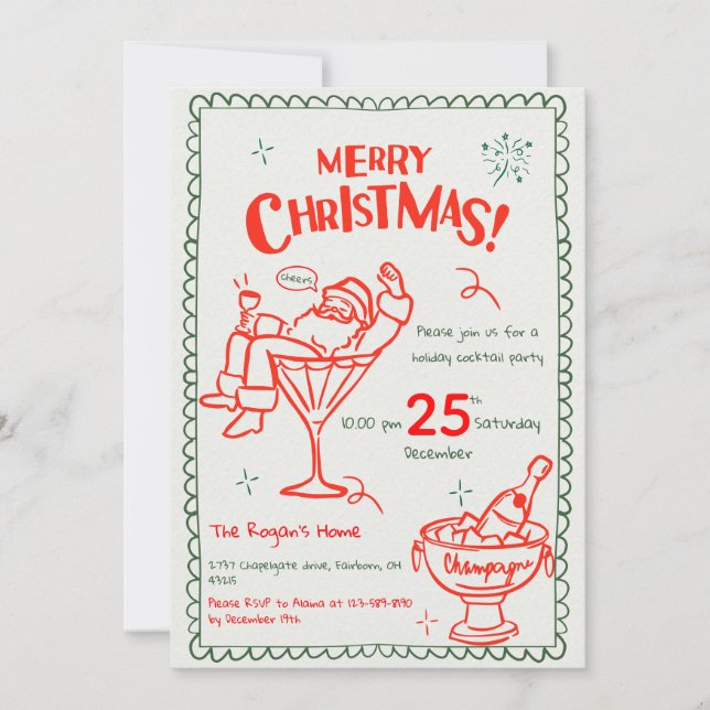 Rolig Handritad Klotter God Jul Cocktail Inbjudningar (Framsida)