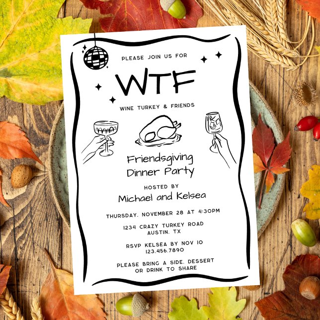 Rolig Handritad Vännernas Thanksgiving Middag WTF Inbjudningar (Skapare uppladdad)