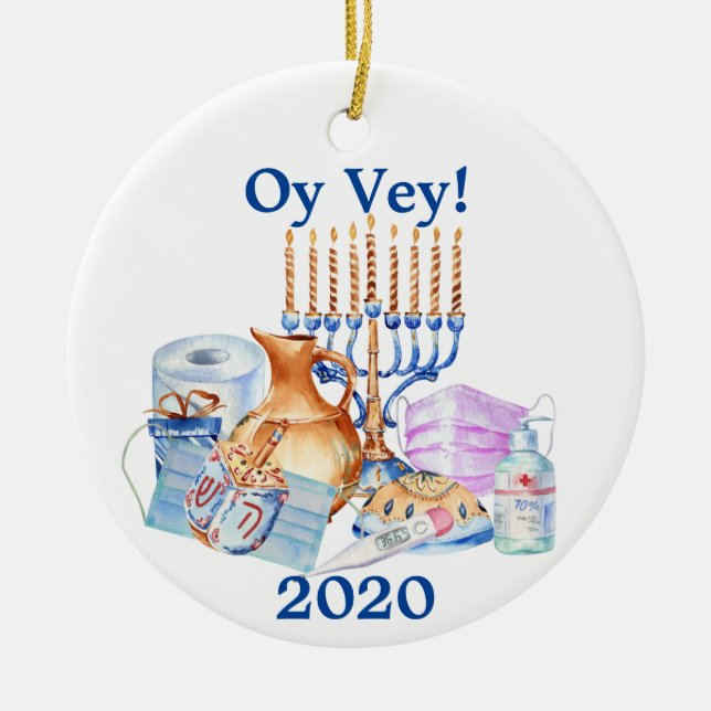 Rolig Hanukkah Covid Akvarell Karantän 2020 Julgransprydnad Keramik (Framsidan)