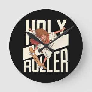 Rolig Hel Roller Skateboardande Jesus Rund Klocka