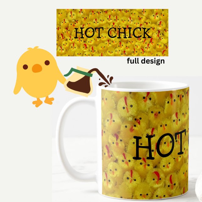 Rolig HETT KICKA Gul Babskyckling-mugg  Kaffemugg (Cute, funny HOT CHICK yellow baby chicks pattern mug, to liven up your coffee or tea break!)