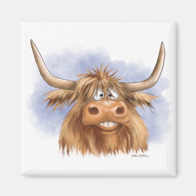 Rolig Highland Cow-serieteckning Magnet (Framsidan)