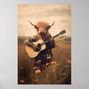 Rolig Highland Ko Guitar Tryck Retro Djur Vägg