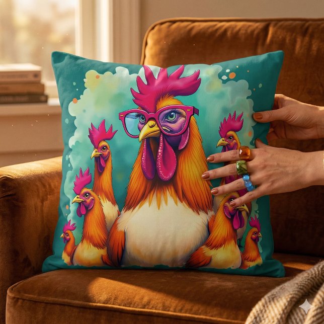 Rolig Hipster Tupp Retro Pop Art Illustration Kudde (Funny Hipster Rooster Retro Pop Art Illustration Throw Pillow Mockup D)