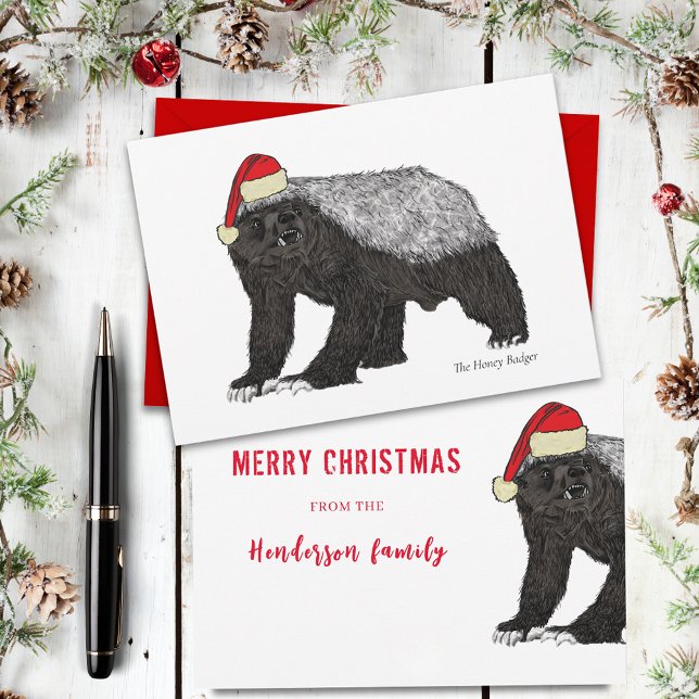 Rolig honungsgrävling Santa badass ironi Julkort (Christmas honey badger funny badass santa personalized holiday card)