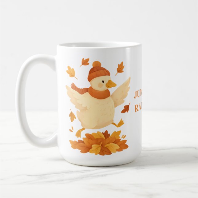 Rolig höstmugg med texten Gås Hoppar Först, Kratta Kaffemugg (Vänster)