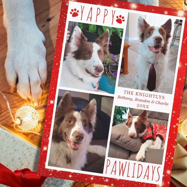 Rolig hund 4 Photo Collage YAPPY PAWLIDAYS Red Julkort (Skapare uppladdad)