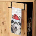 Rolig hund Älskare Helgdag Siberian husky jul Kökshandduk<br><div class="desc">Här är en roligt helgdag kökshandduk eller åkerhandduk. En bra vattenfärgbild av en hund i Siberian husky som sitter med roligten "woof" ord art-bakgrund. Hund bär en julhatt.</div>